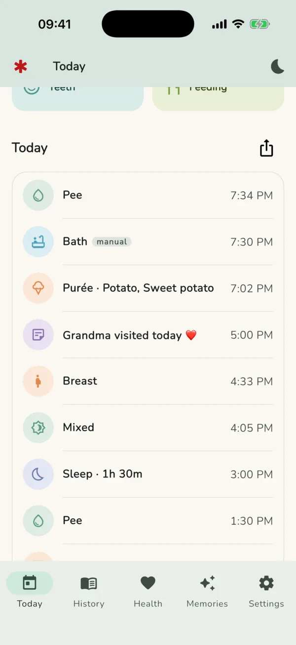 Timeline del día en MiBB con tomas, pañales, sueño y notas