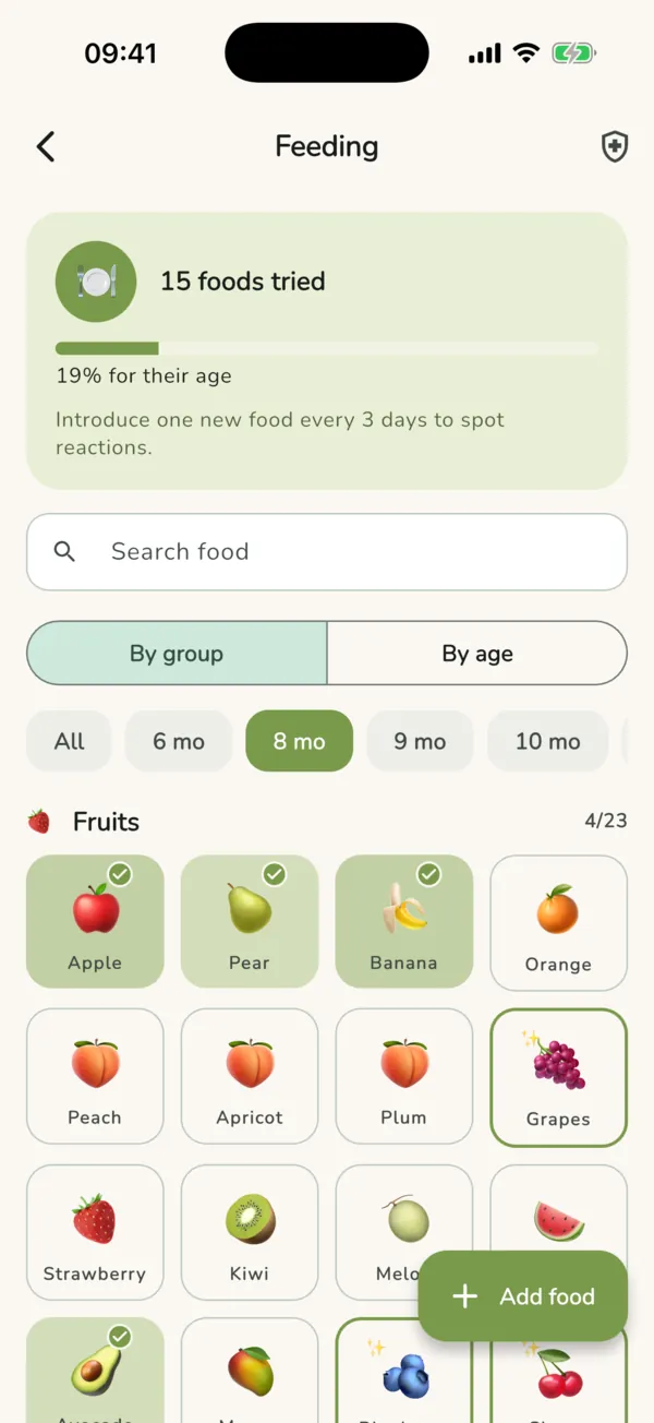 Pantalla de alimentación complementaria de MiBB con alimentos probados y alérgenos
